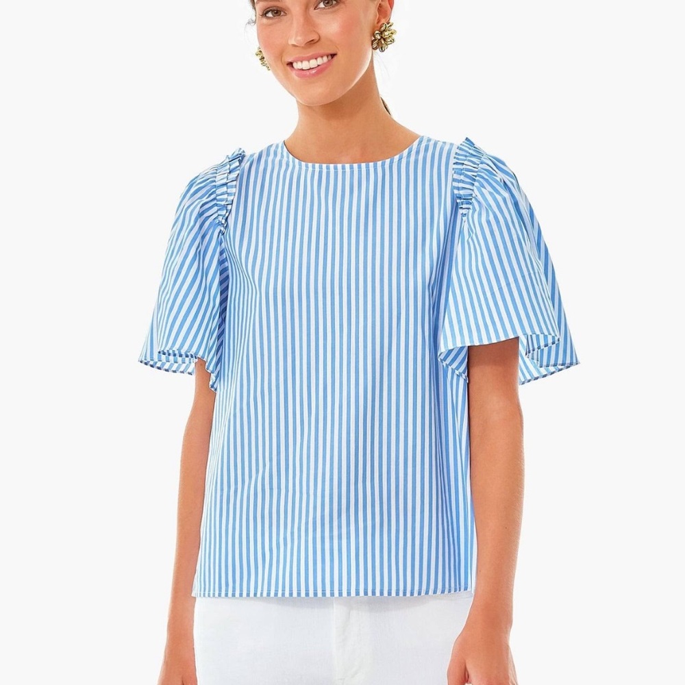 Pomander Place Tuckernuck Blue & White Striped Poplin Lightweight Ruffle Top S